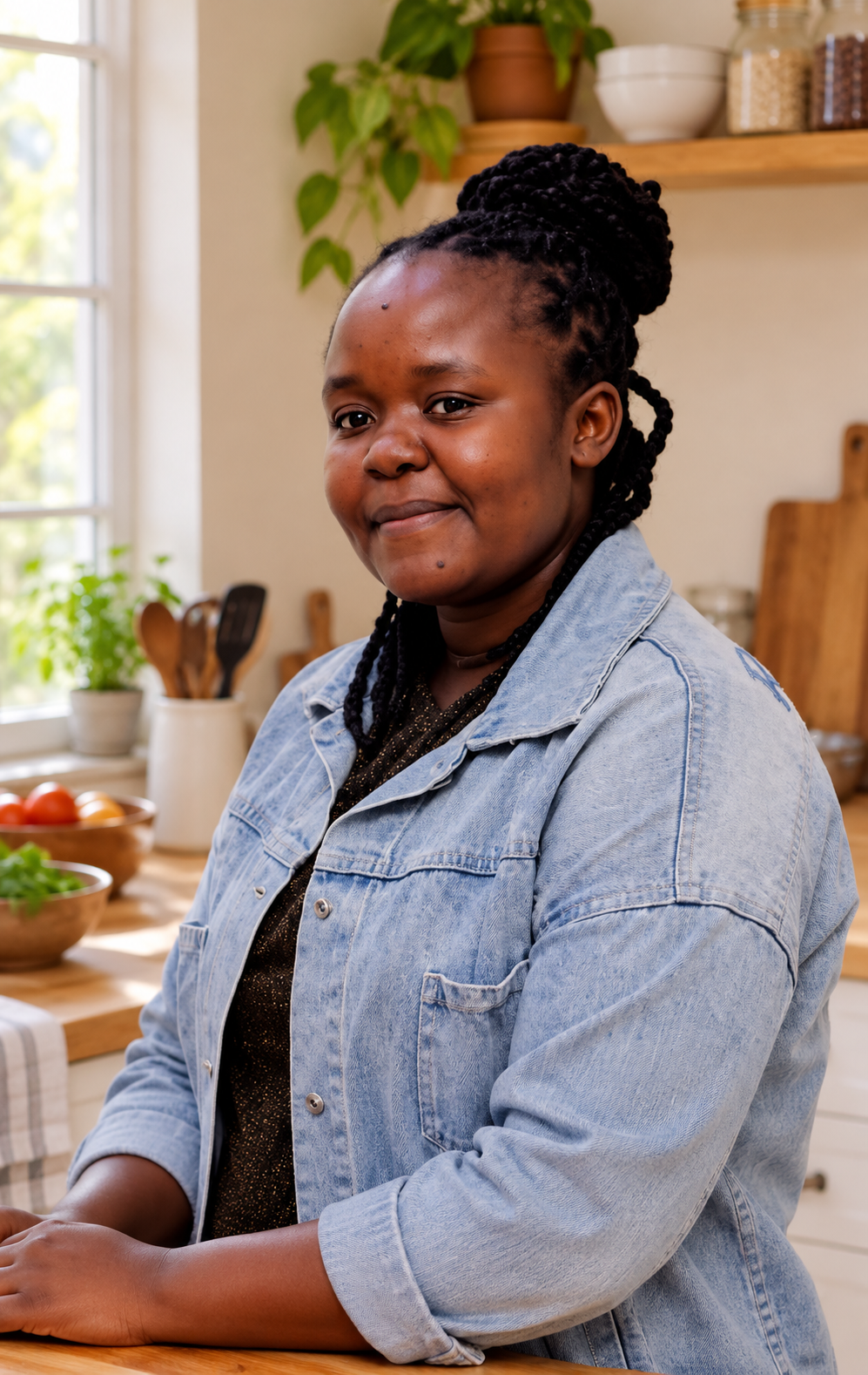 Maureen smiling in a kitchen, in an edited professional portrait