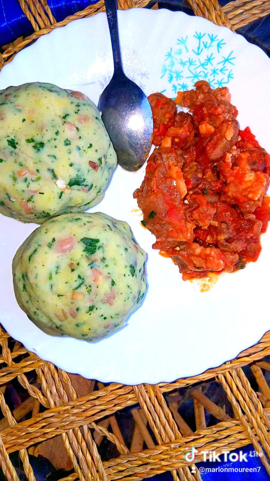 Maureen’s mokimo with nyama wet fry on a white plate